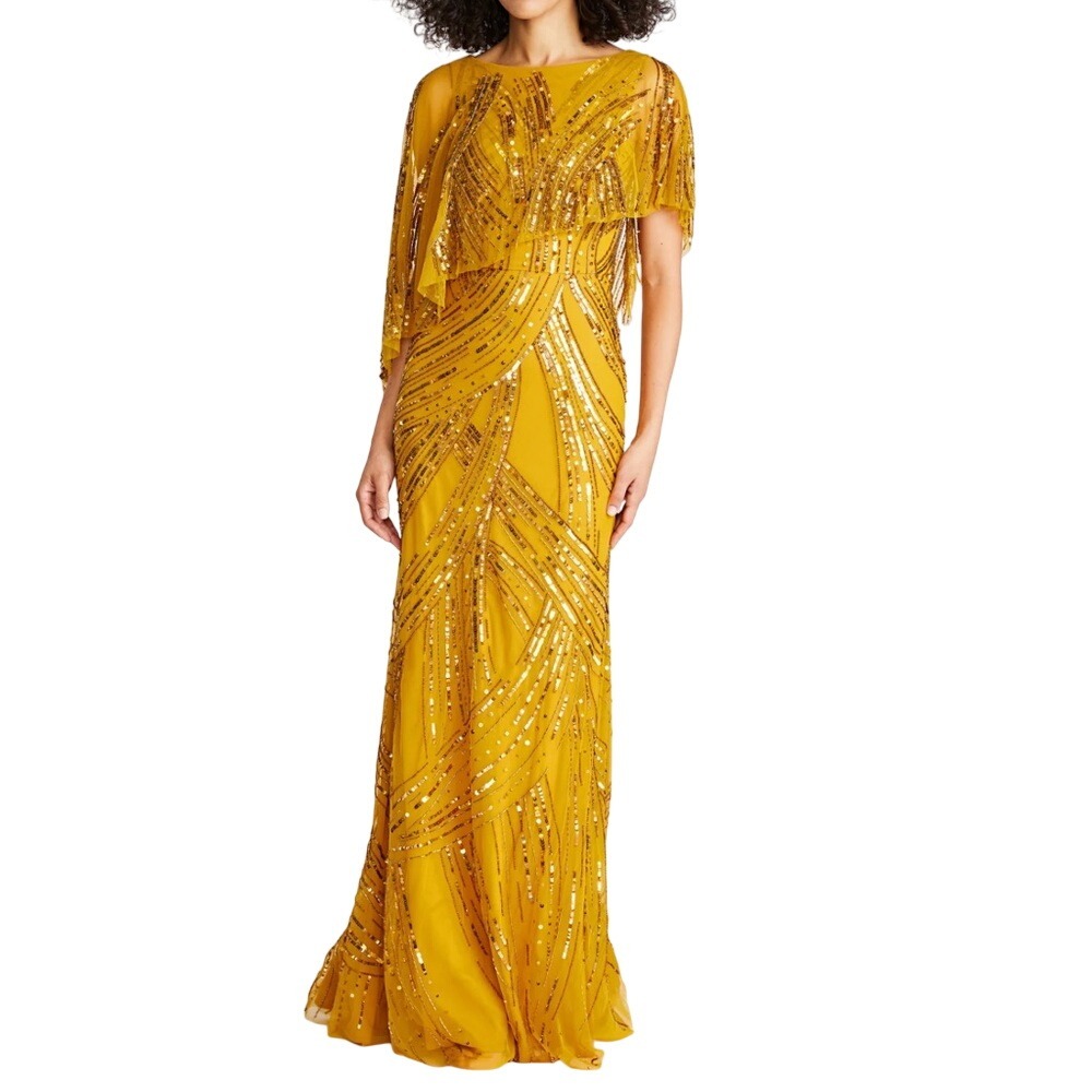 Theia Ayla Beaded Shawl Gown Gold Sequin Column Maxi Dress Size 4 NWOT